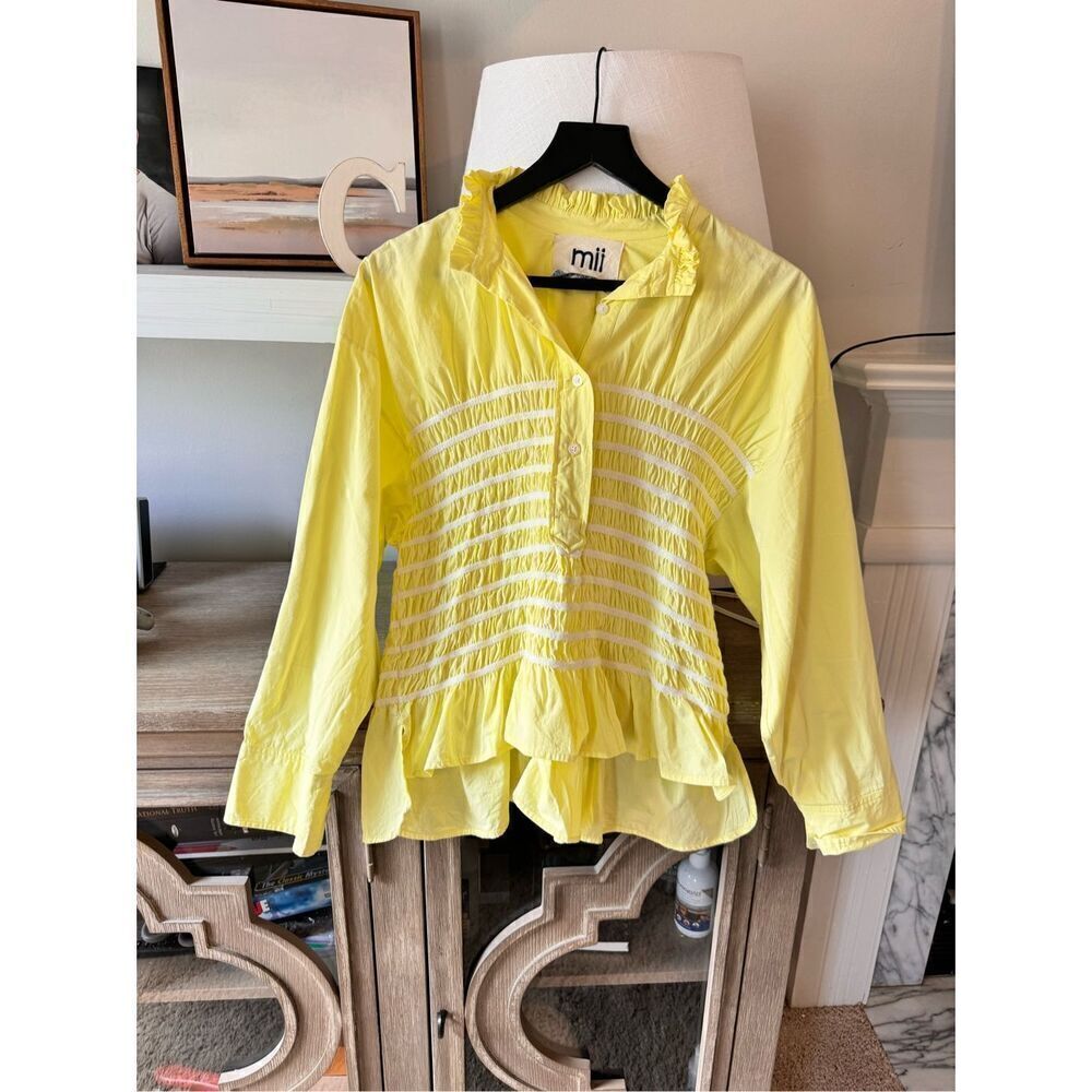 Mii Au Jardin Collection Yellow‎ Cotton Pin tuck Button Down Size Medium